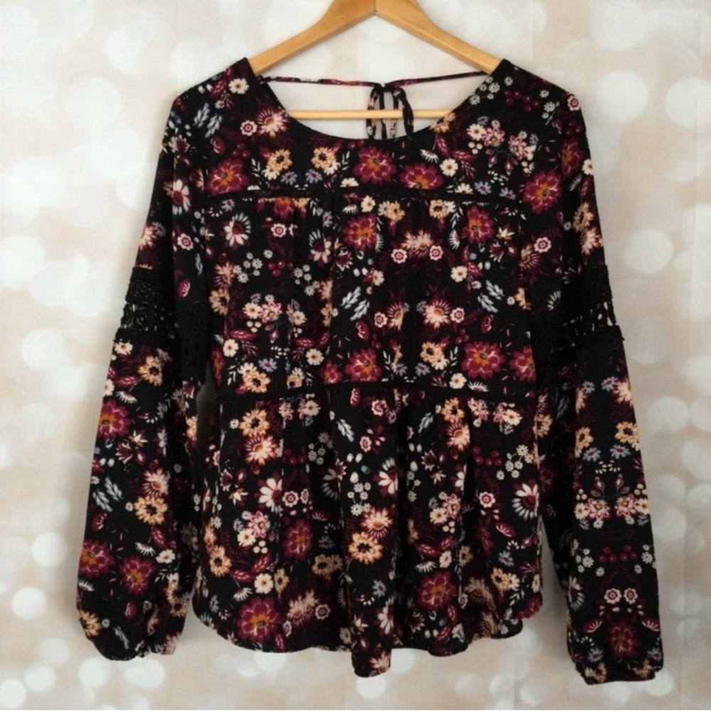 3/ $20 Artesia Black Floral Peasant Blouse with Crochet Accents L